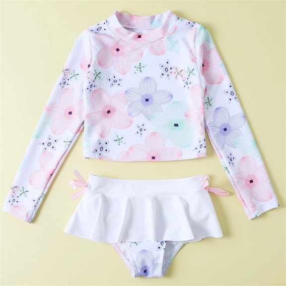 Girls Swimsuit Tankini Long Sleeve Crew Neck Floral Print And Ruffle Hem Swim Shorts Vacation Hot Spring Girls Bathing Suit Light Pink 12 Years-13 Years