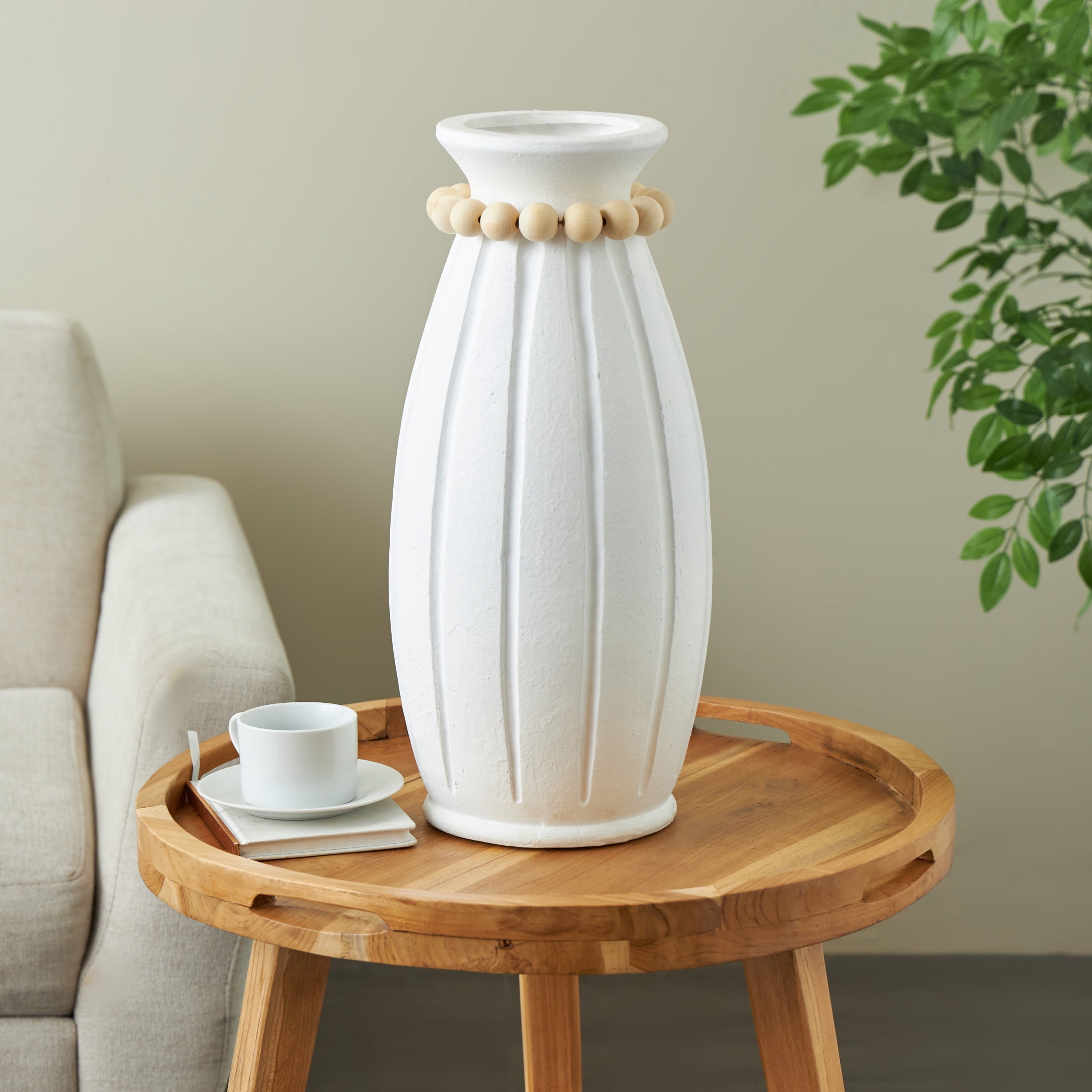 DecMode 20" White Magnesium Oxide Vase with Light Brown Beads and Carved Grooves