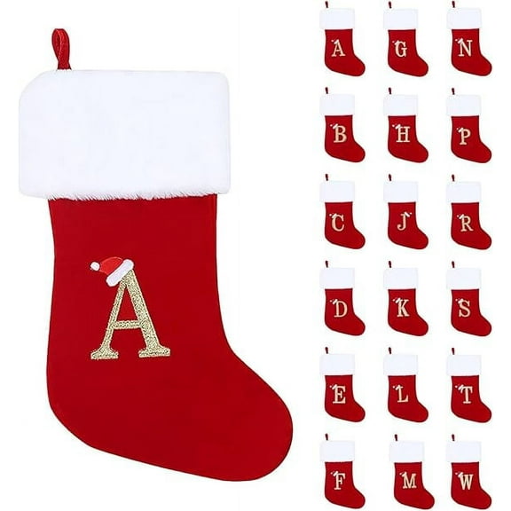17 Inches Monogram Christmas Stockings Red Velvet with White Super Soft Plush Cuff Embroidered Xmas Stockings Classic Personalized Stocking Decorations for Family Holiday Season Decor