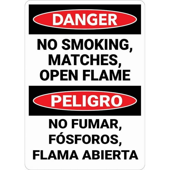 Danger No Smoking Matches Flames Bilingual Spanish Sign Safety Restriction Alert Attention Caution Warning Notice Aluminum Metal Tin 8"X12" Sign Plate