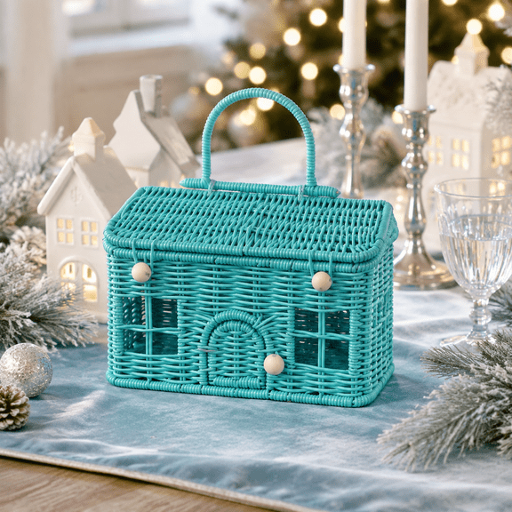 Vintage Woven House Basket with Door, Decorative Handwoven Storage Basket with Handle & Rustic Design, Multi-Purpose for Holiday Decor Home Storage Gift Organization(Blue)