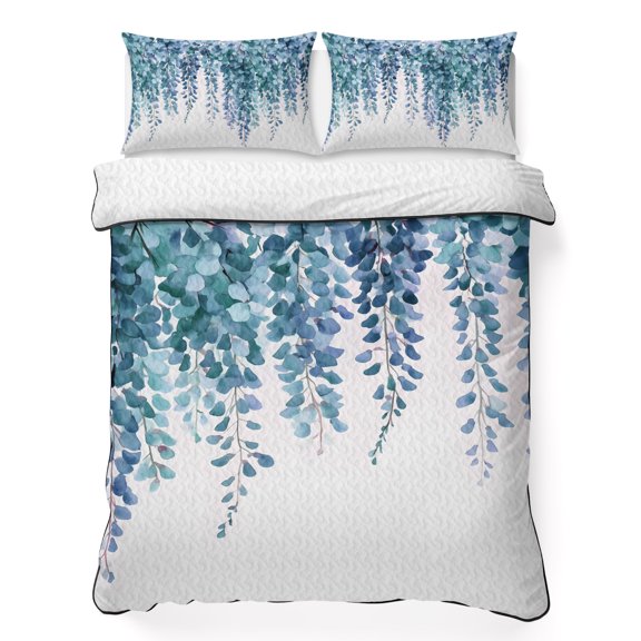 Quilt Sets Queen Size Blue Eucalyptus Leaf Comforter Set Soft Bedspread Coverlet 3 Pieces Floral Leaves Branch Quilted Bedding Set with 2 Pillowcases Thin Comforter Bed Cover 90x96 Inch
