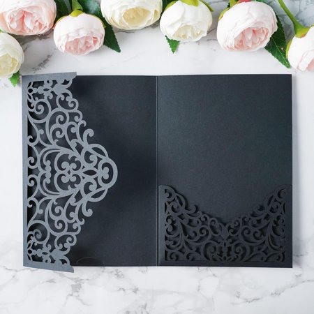 ponatia 20PCS Black Laser Cut Wedding Invitations Pockets, Tri-fold 5x7 Laser Cut Invitation Pockets for Wedding Bridal