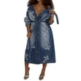 thumbnail image 3 of Womens Y2k Fashion Long Denim Jacket with Patches and Belt, Trendy Jean Trench Coat Blue M, 3 of 9