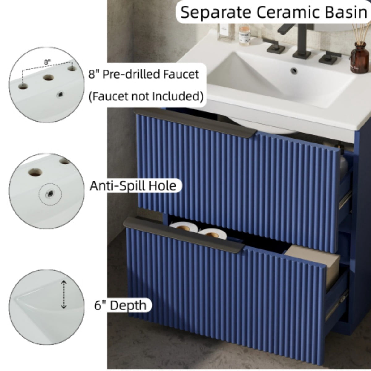 30" Bathroom Vanity with Ceramic Sink, Freestanding Bathroom Cabinet with Full Extension Drawers, Soft Close Slides, Fluted Design, Blue
