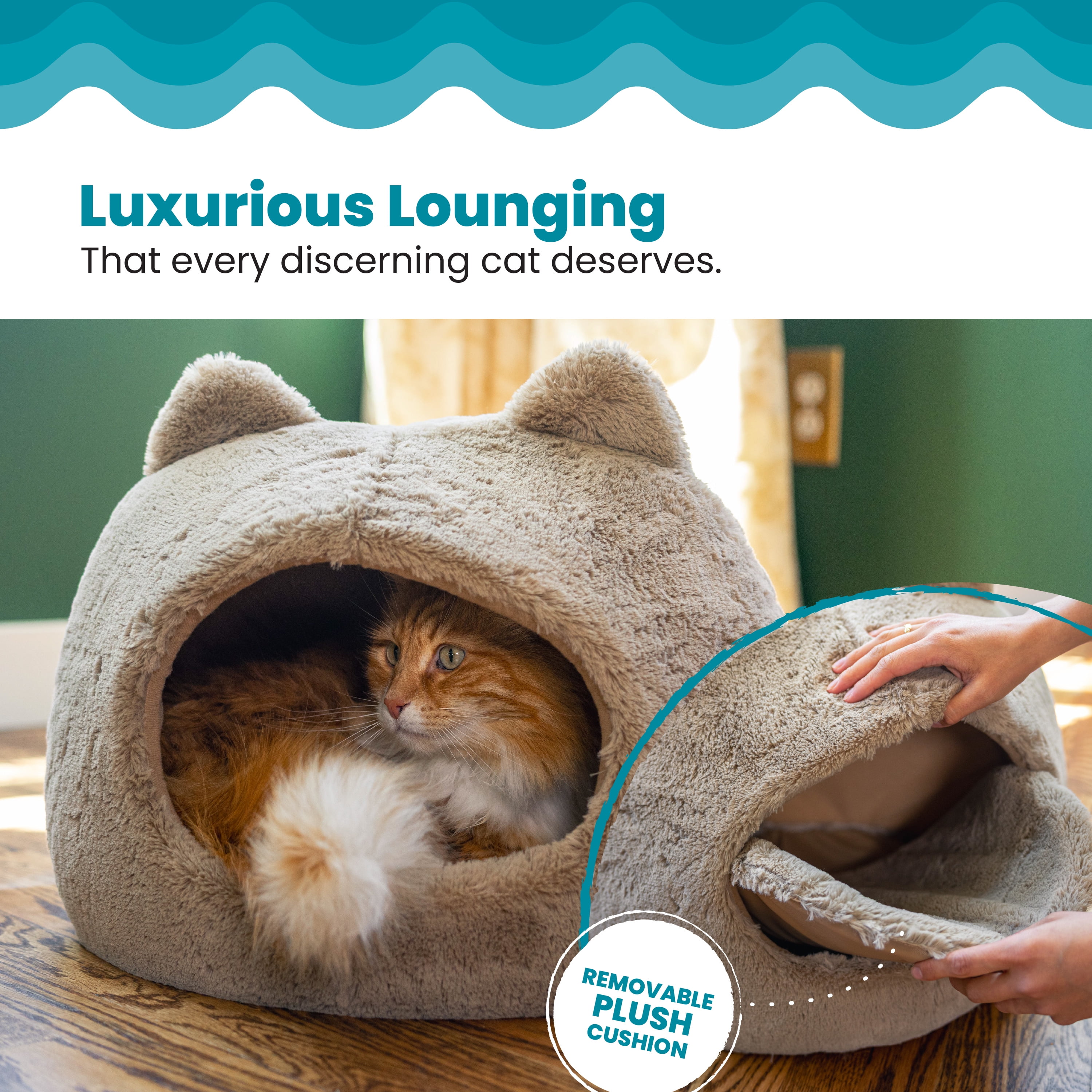 Catstages Meow Hut, Covered Cat Bed Cave for Indoor Cats, Cozy Enclosed with Removable Cushion, 16” x 15” x 15”, For Small Pets Up to 15 lbs, Tan, Small