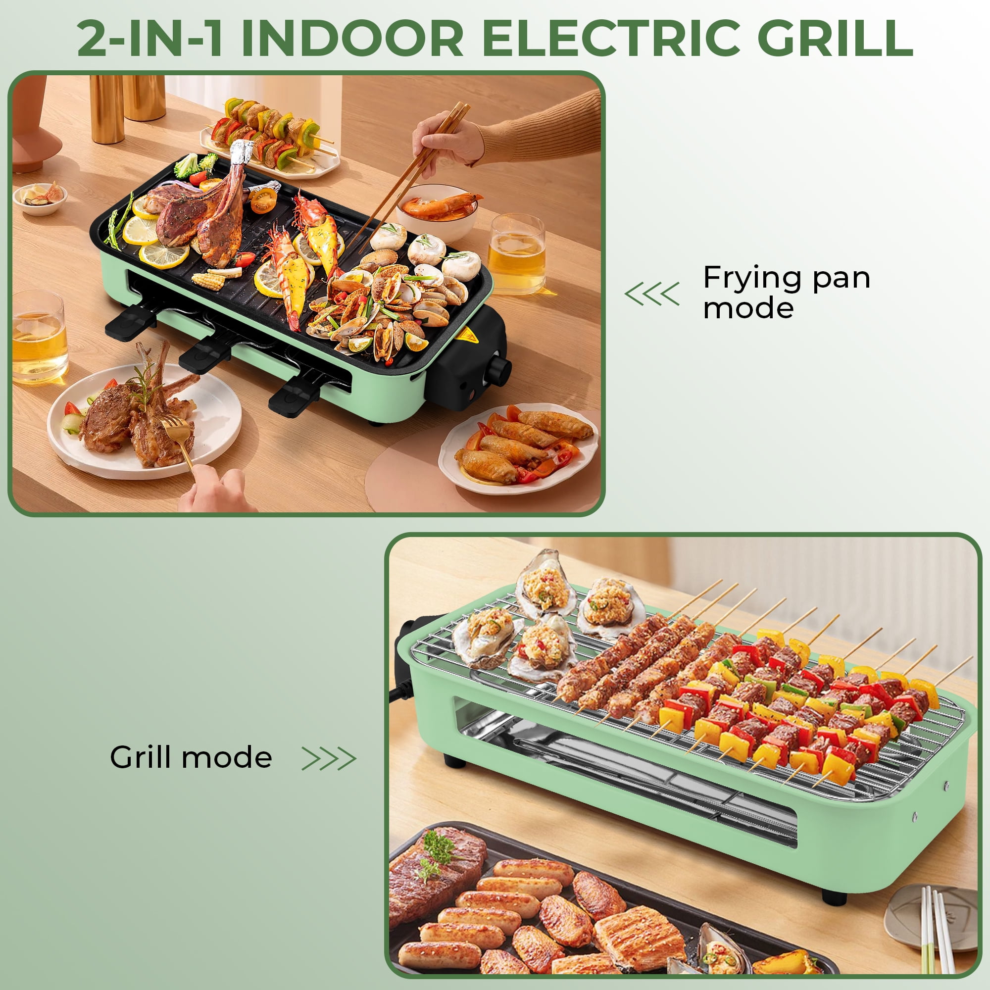 SUSLAS Electric Indoor Grill & Griddle, 1500W Smokeless Design with 3 Removable Nonstick Plates, Dishwasher Safe, Adjustable Temperature Control for Indoor Cooking(green)