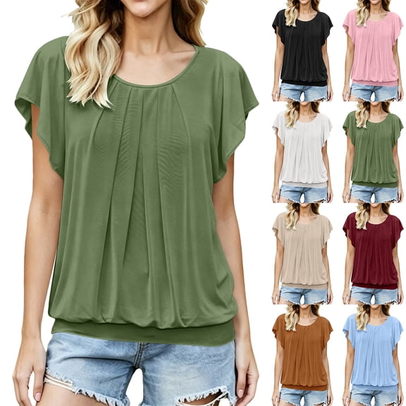 VBVC Women's Crew Neck Pleated Batwing Sleeve Blouse , Ladies' Loose Flowy Casual Top , Soft Elastic Hem Summer Shirts For Women,Beige,S-2XL