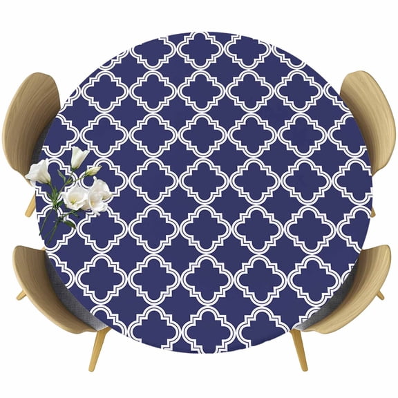 Quatrefoil Moroccan Pattern Table Cloth, Round Fitted Tablecloths with Elastic Edge, Geometric Blue Morocco Wipeable Waterproof Table Cover for Kitchen Wedding 45-54 Inches