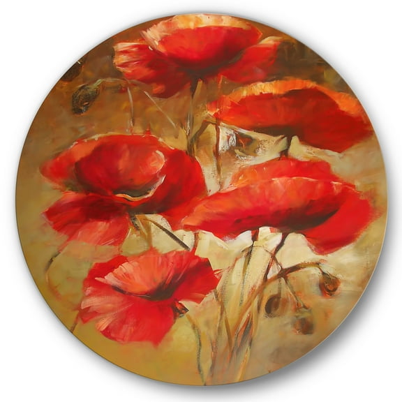 Designart 'Red Blossoming Poppies Over Wild Brown I' Traditional Circle Metal Wall Art 36x36 - Disc of 36