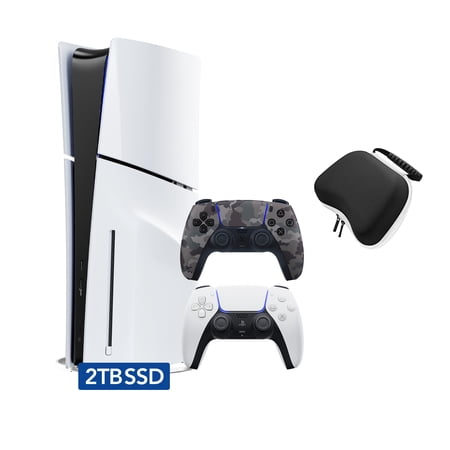 PlayStation 5 Slim Disc 2TB SSD Edition with Two Controllers White and Gray Camouflage DualSense and Mytrix Hard Shell Protective Controller Case - PS5 Gaming Console