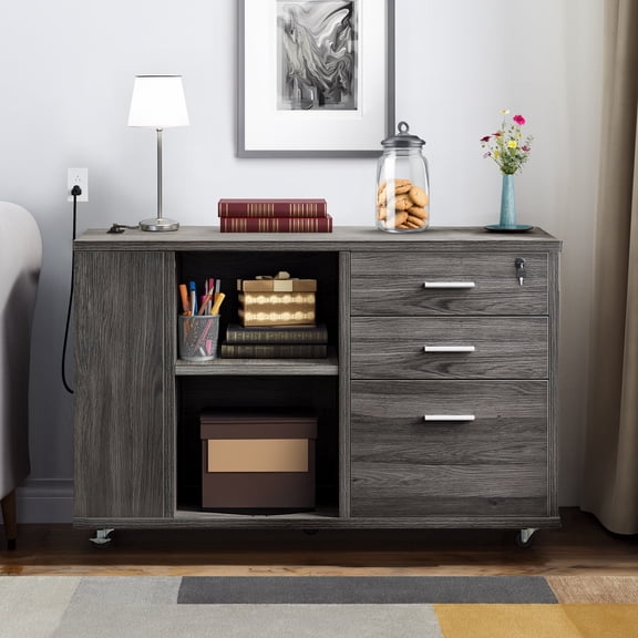 Wooflex Lateral Filing Cabinet with Charging Hub, Adjustable Shelf, Locking Drawers, Wheels, Modern 1x3x2 ft Portable Modern Wood Printer Stand, Ash Charcoal Gray