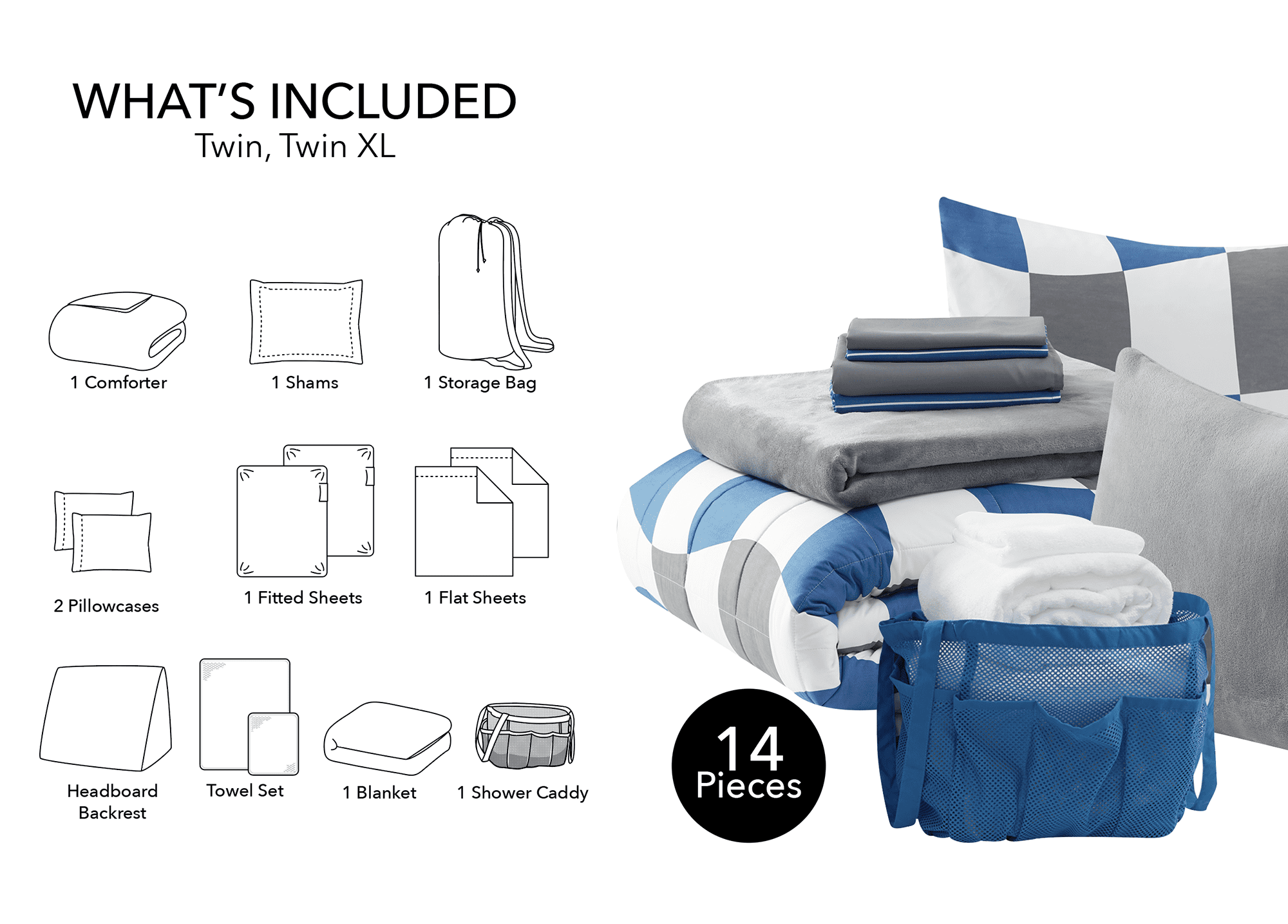 14pc College Dorm Essentials Bundle, Twin-XL, Reversible Bed in a Bag Comforter Set, Navy Checker
