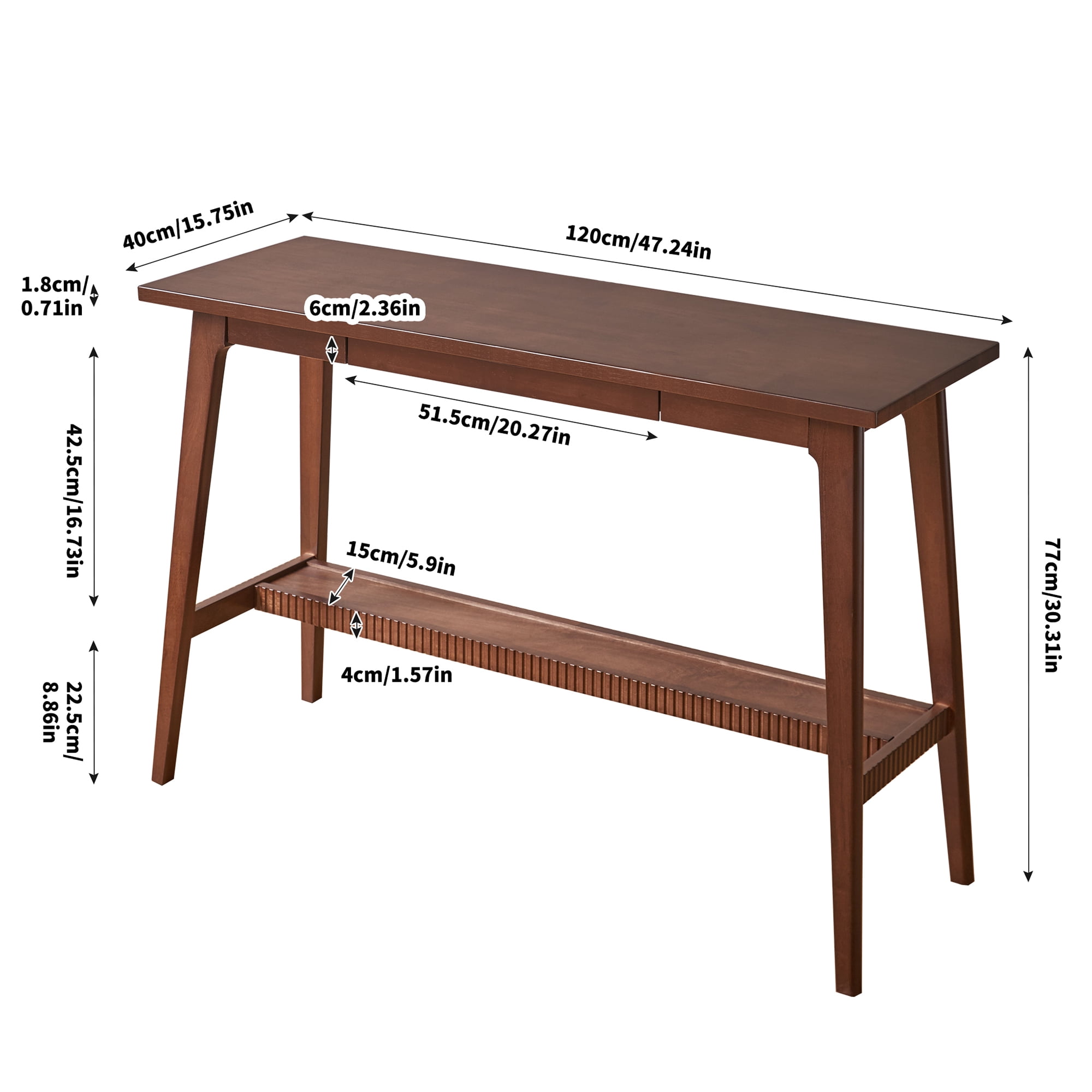Solid Rubber Wood Desk with Drawer and Storage Shelf, 47.24 in Walnut