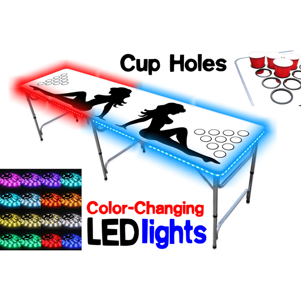 8-Foot Professional Beer Pong Table w/ Cup Holes & LED Glow Lights -  Trucker Girl Edition
