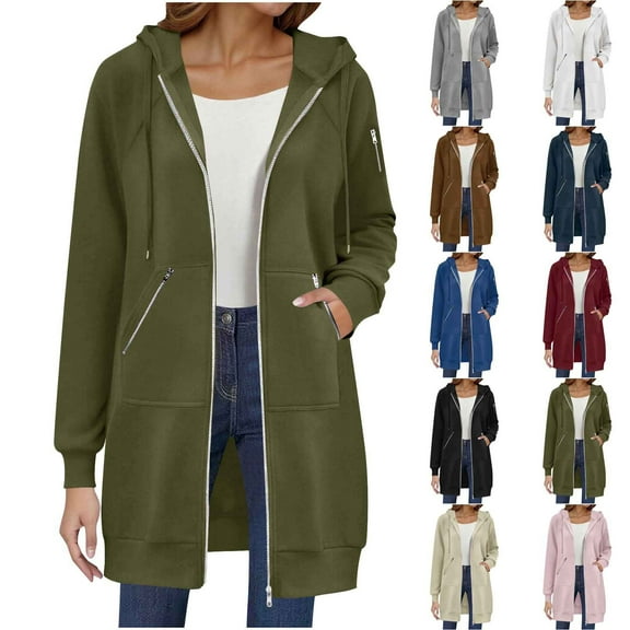 Titcea Lightweight Jacket Women, Zip Up Drawstring Long Hoodies with Pockets Solid Color Casual Hooded Sweatshirt Warm Comfy Winter Coat(S-2XL)