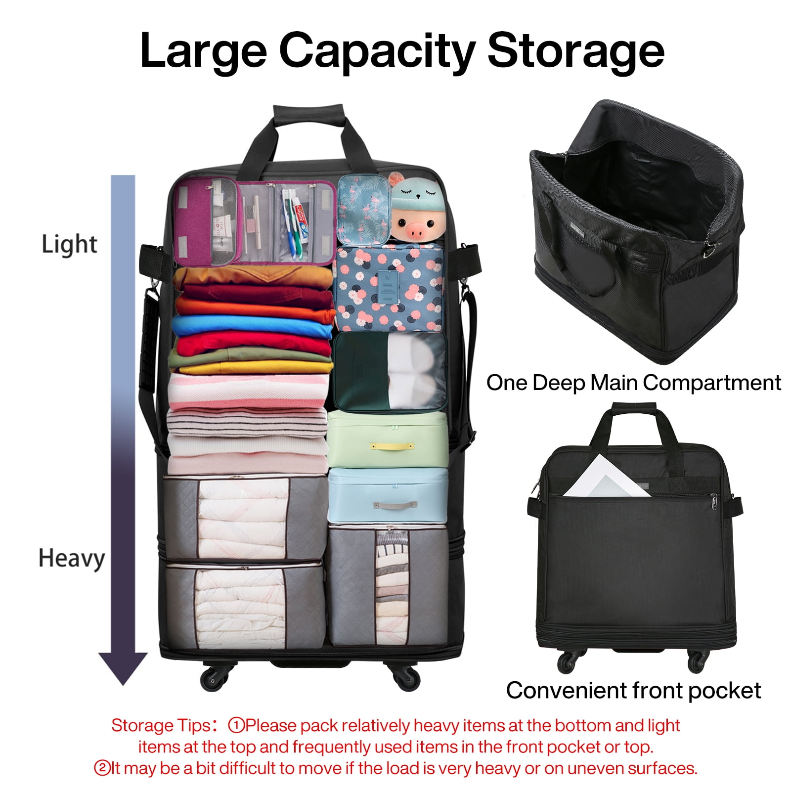 Hanke Suitcases with Wheels Expandable Foldable Luggage Bag Suitcase Collapsible Rolling Travel Bag Duffel Bag for Men Women Lightweight Suitcases,Black