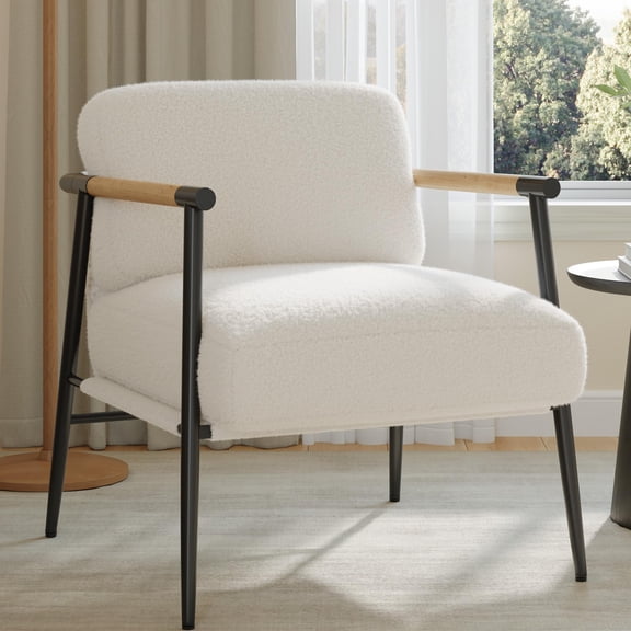 Modern Accent Chair with Metal Frame & Wooden Armrests – Plush 420g Teddy Sherpa Upholstery, Seasonal Spring Foam Cushion, Comfortable Reading Chair for Bedroom & Living Room