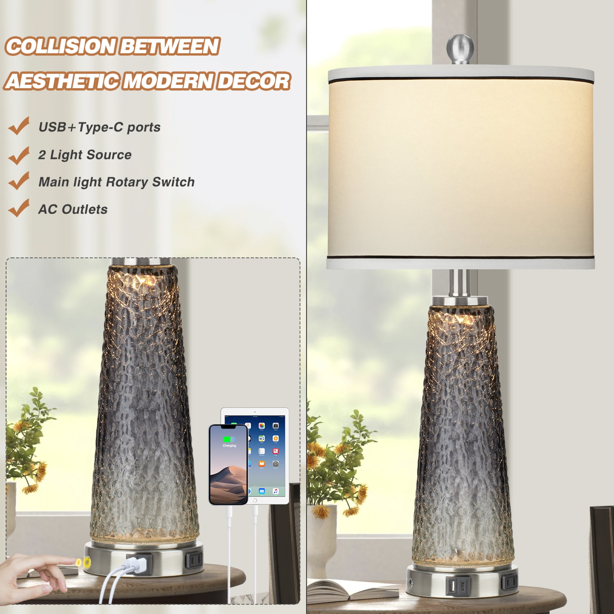 Cinkeda Modern Table Lamp Set of 2 for Bedroom Living Room with USB A+C Ports AC Outlet Gradient Grey Glass Nightlight Nightstand Bedside Lamps