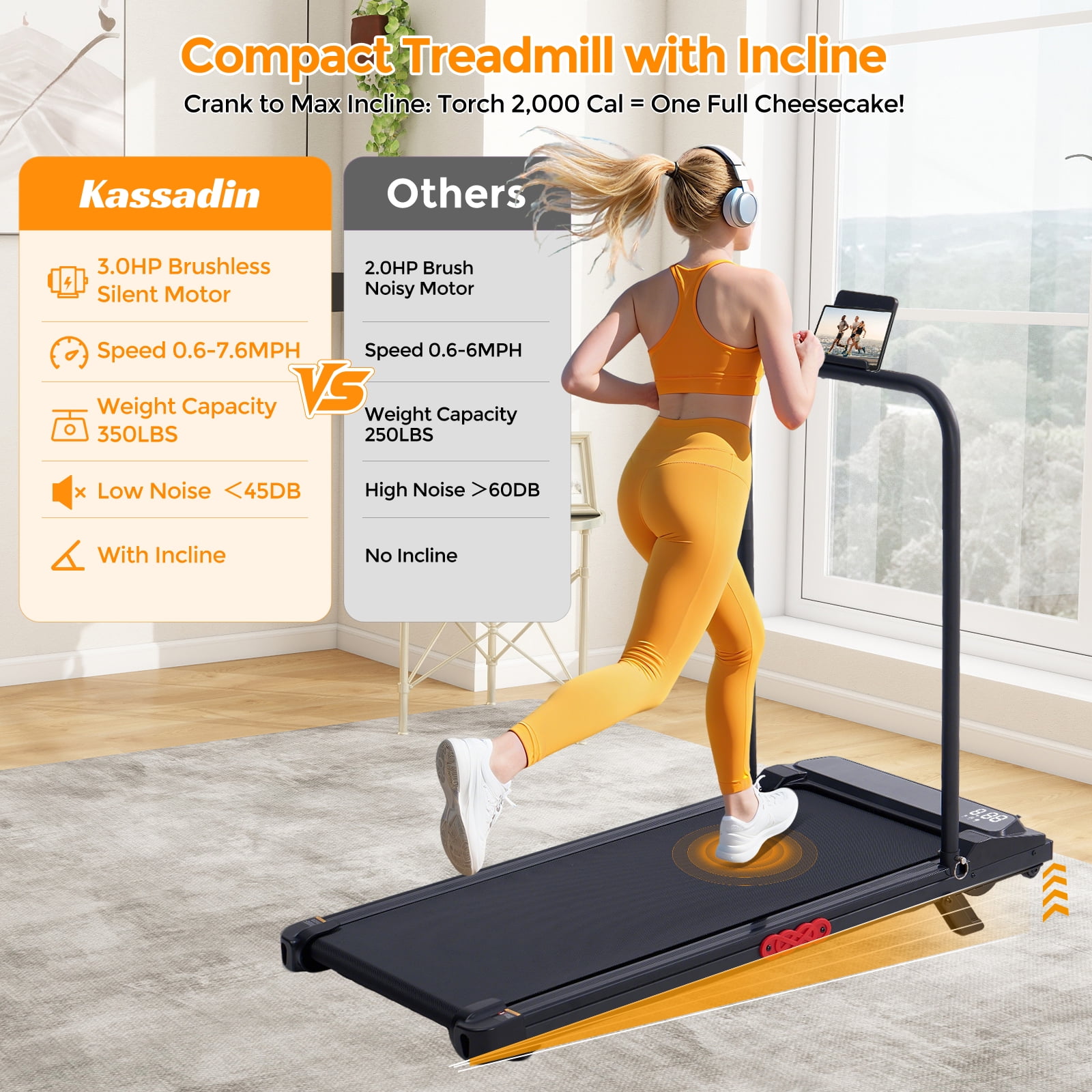 HevGlrm Walking Pad Treadmill with Handles for Home Workouts,Portable Compact Treadmills Under Desk Walking Pads with LED Display,350lbs Capacity