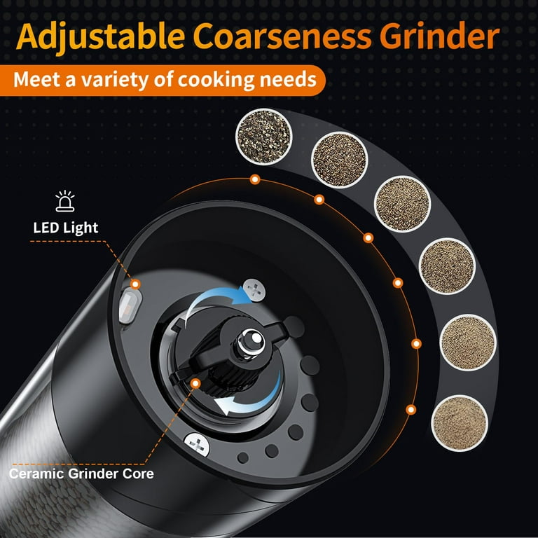 Electric Black Salt & Pepper Grinder LED Light Adjustable USB High-capacity
