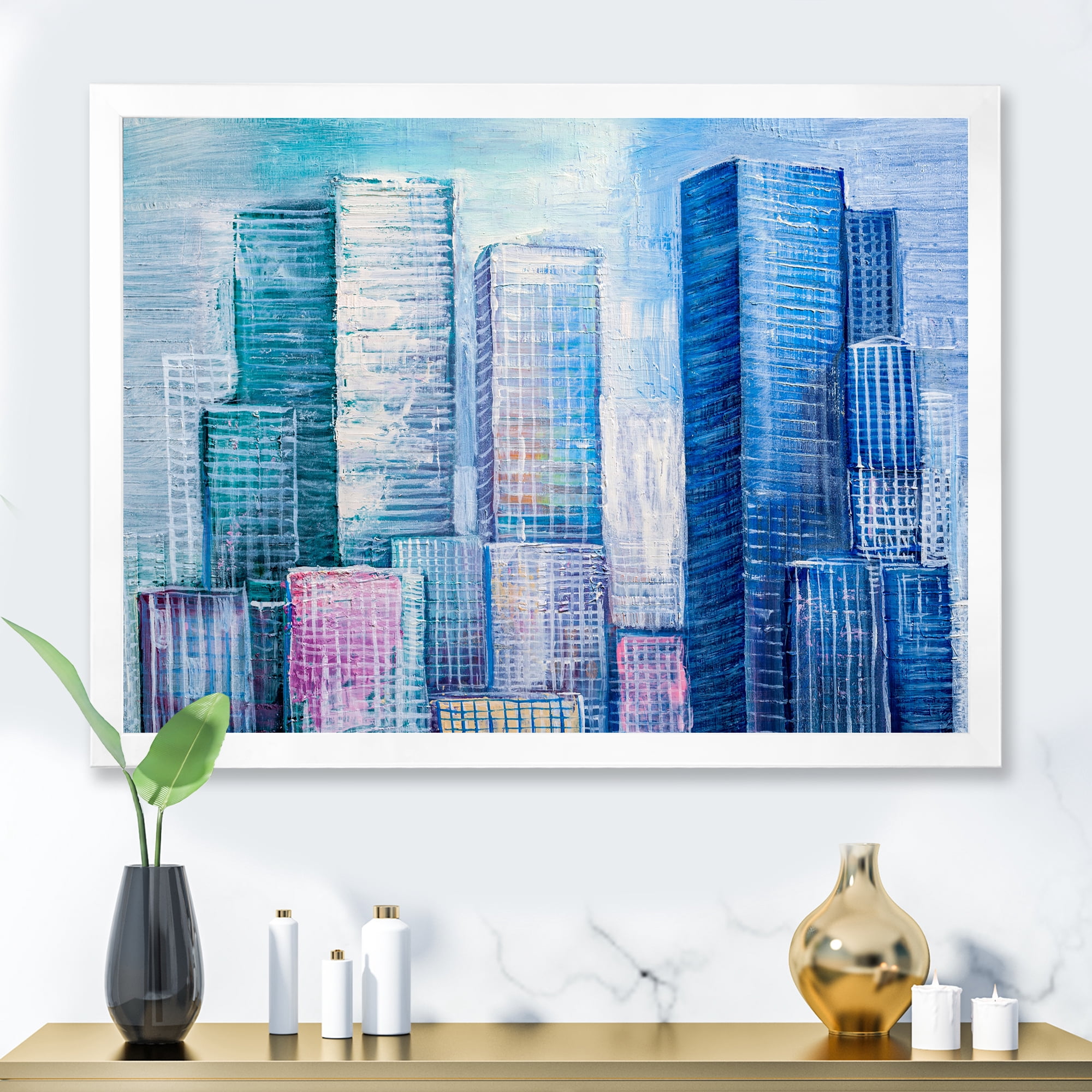 Designart 'Abstract Style Cityscape Panorama Skyscrapers I' Modern Framed Art Print
