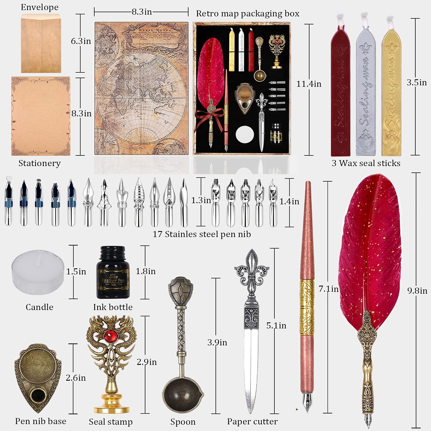 Quill Pen and Ink Set,Feather Pen Ink Set Iludes Quill Pen and wooden dip pen,Ink,17 Replacement Nib,Pen Base,3 Wax Seal Sticks,Stamp,White Wax, Spoon,Envelope Letter Paper,envelope tool(Red)