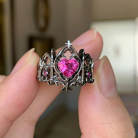 Bystar Gothic Style Cross Crown Pink Love Gemstone Ring, French Opening Adjustable Ring, For Women, For Gifts, For Birthdays, For Christmas