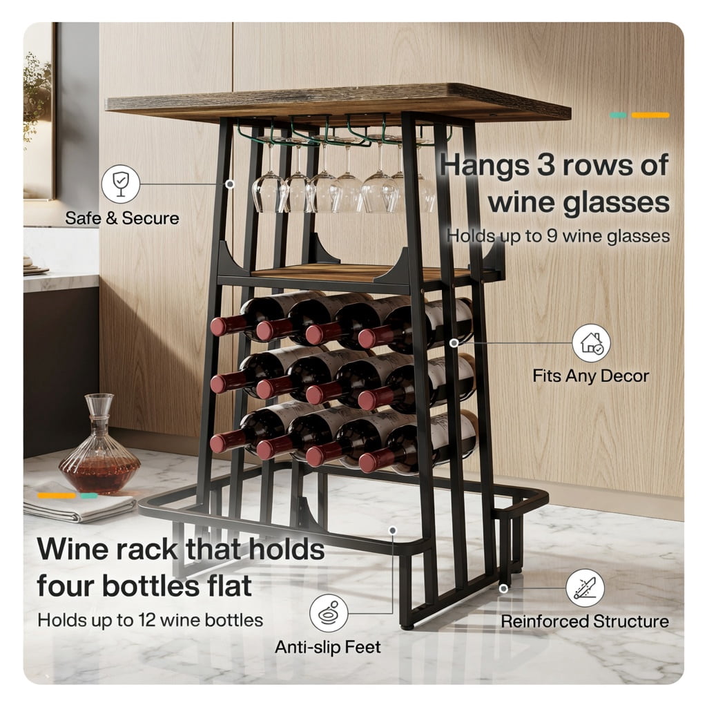 Hommoo 39.4 Inch Industrial Bar Table with 3-Tier Storage, Wine Rack, Glass Holder, Built-in Footrest, Counter Height Pub Table for Home Bar, Coffee Station or Standing Desk, Rustic Brown