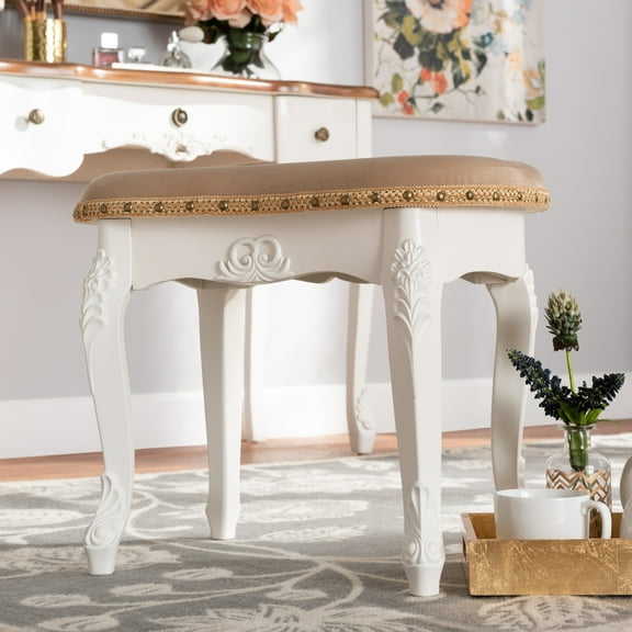 Baxton Studio Gabrielle Traditional French Country Provincial Sand Velvet Fabric Upholstered White-Finished Wood Vanity Ottoman
