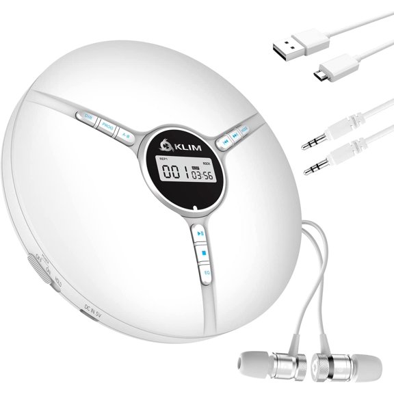 Restored KLIM Discman - Portable CD Player with Built-in Battery, Includes KLIM Fusion Earphones. Compact Mini CD Players, Personal, Compatible with CD-R, CD-RW, and MP3. CD Walkman. 2022 New - White (Refurbished)