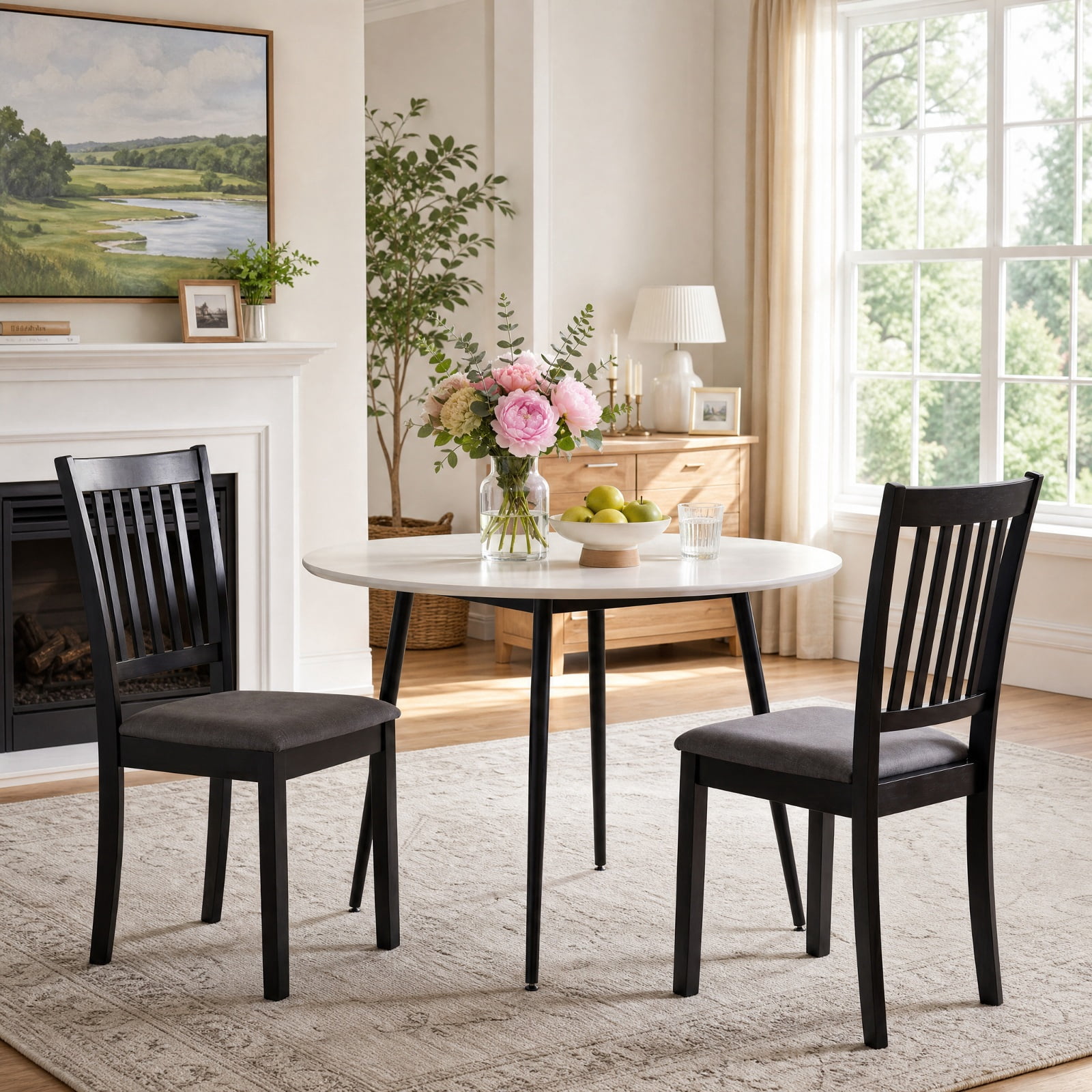Furnibear Upholstered Wooden Dining Chairs Set of 2 with Padded Fabric Seats and Rubber Wood Frame for Kitchen Dining Room, Black