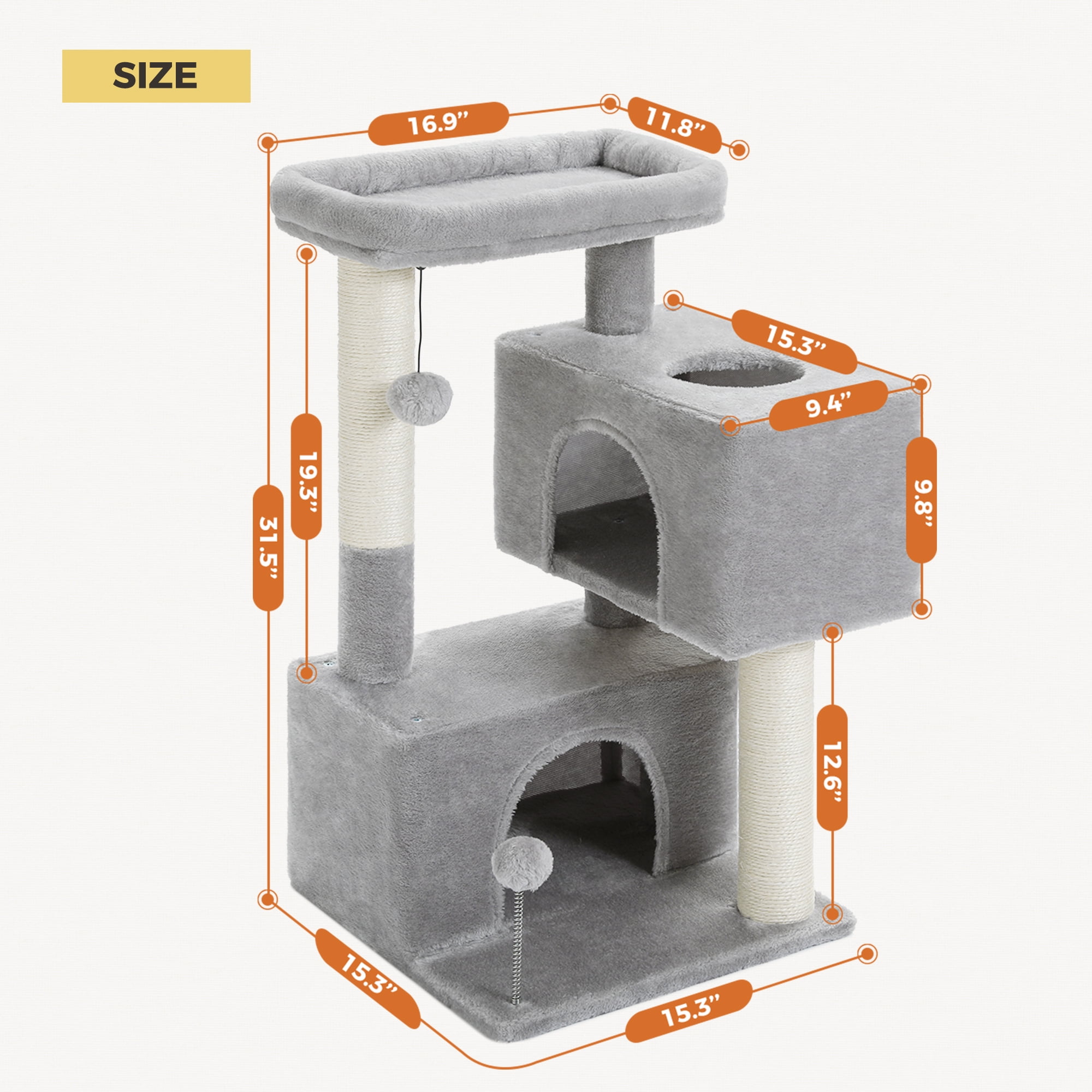 PAWZ Road 31.5" Modern Cat Tree Tower with Dual Large Condos for Kitten ＆ Medium Size Cat Gray