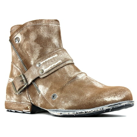 

OSSTONE Moto Boots Chukka Boots for Men Fashion Zipper-up Leather Casual Shoes 5008-7-F-14 White Beige