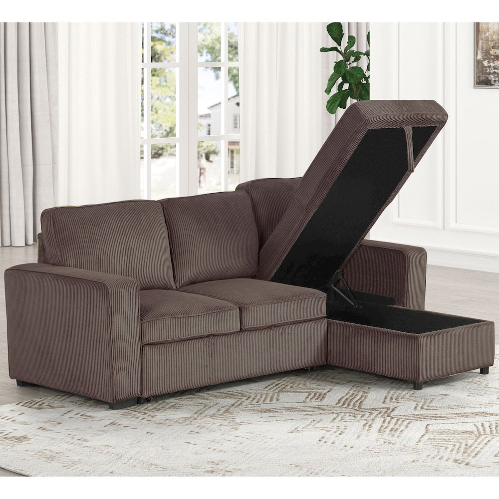Furniture of America Liven Right Hand Facing Corduroy Indoor Pull-out Sleeper Sectional, Brown