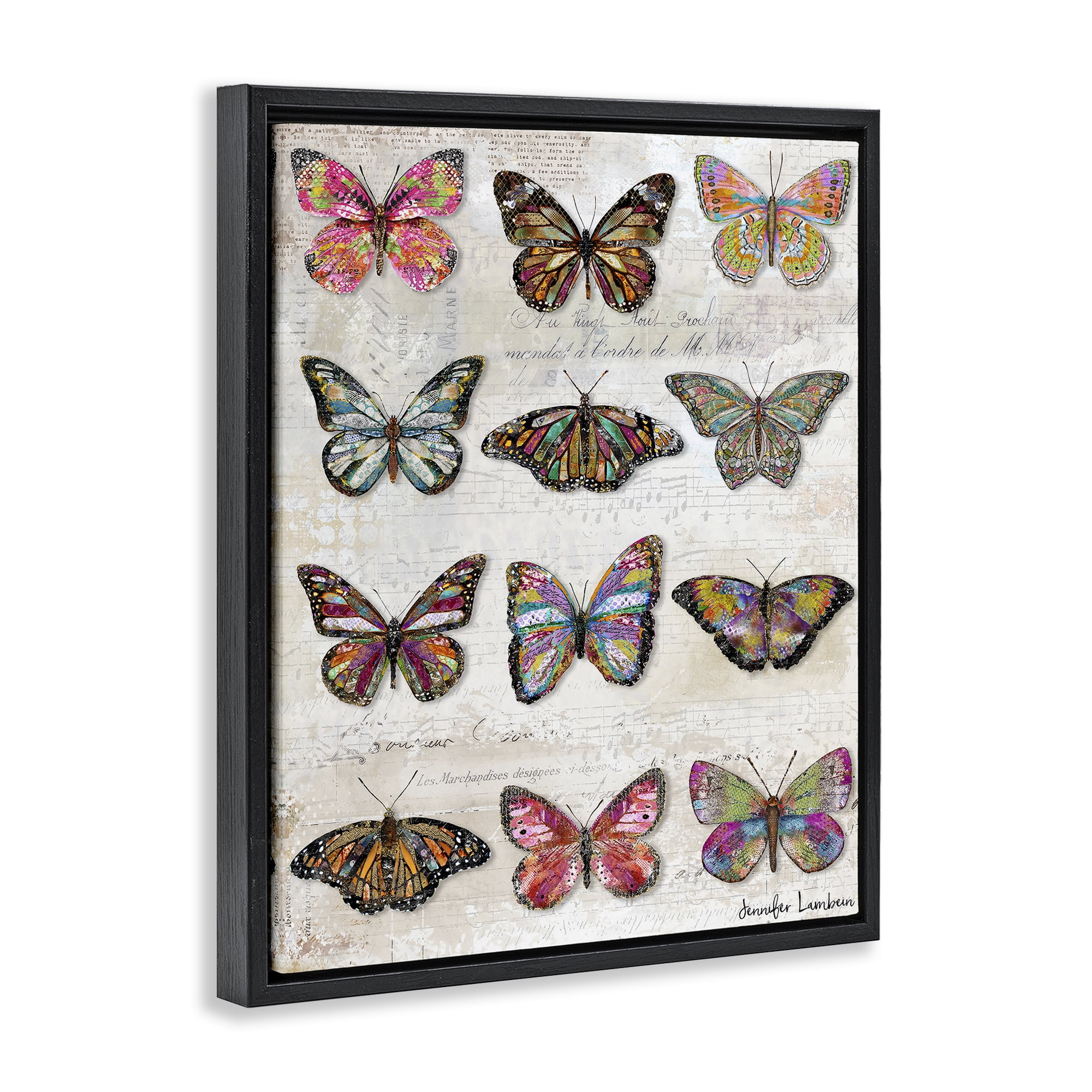 Stupell Industries Butterfly Love Vintage Studies Animals Painting Black Floater Framed Canvas Art Print Wall Art, 25 x 31