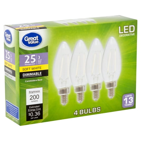 Great Value LED 3 Watts Decorative Soft White Candelabra Base Bulbs, 4 count