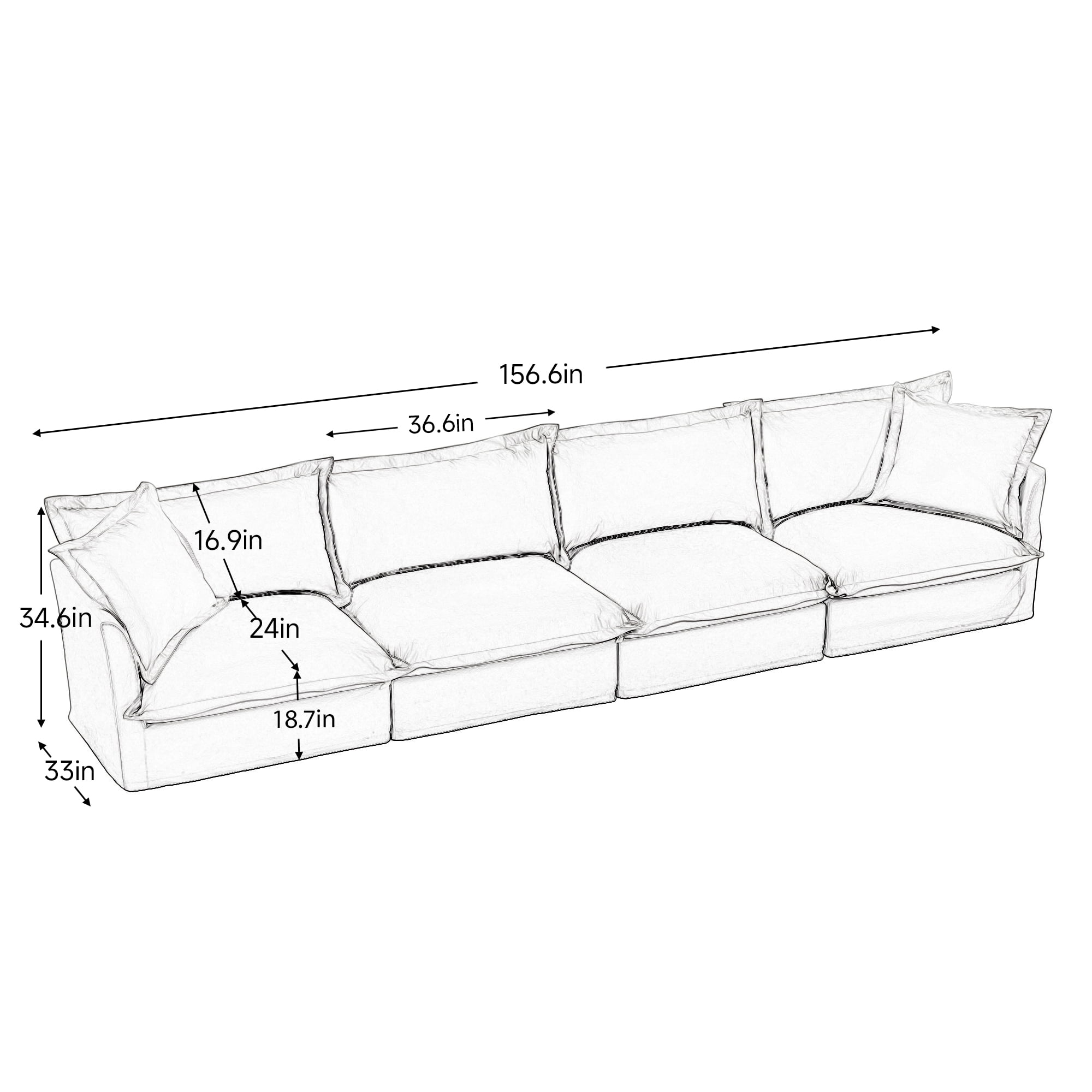 Gewnee Chenille Black Deep Seat Oversized Slipcovered Long 4 Seater Sofa with Removable Cover, Comfy Sofa for Living Room
