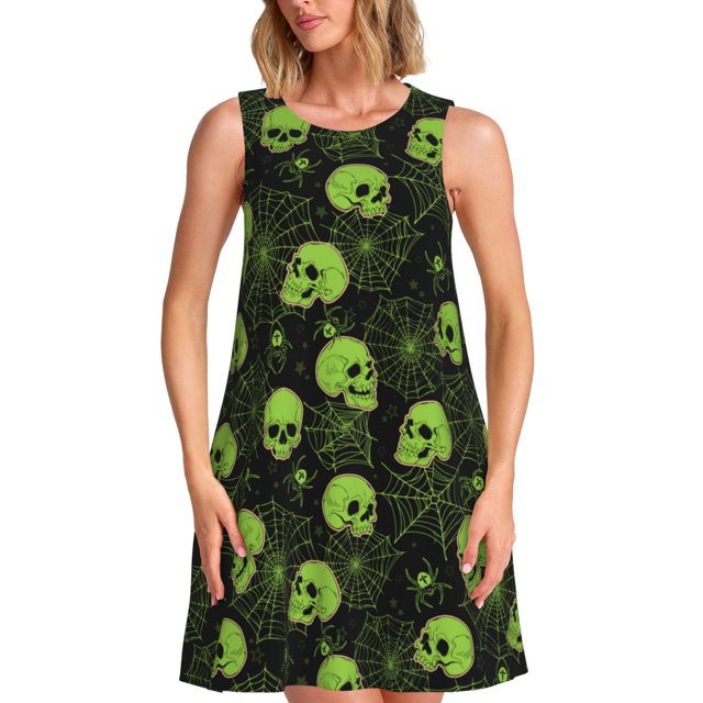 Balery Skulls And Cobwebs Vestidos de verano para mujer con estampado: vestido holgado sin mangas, vestido playero informal y cómodo para días calurosos.