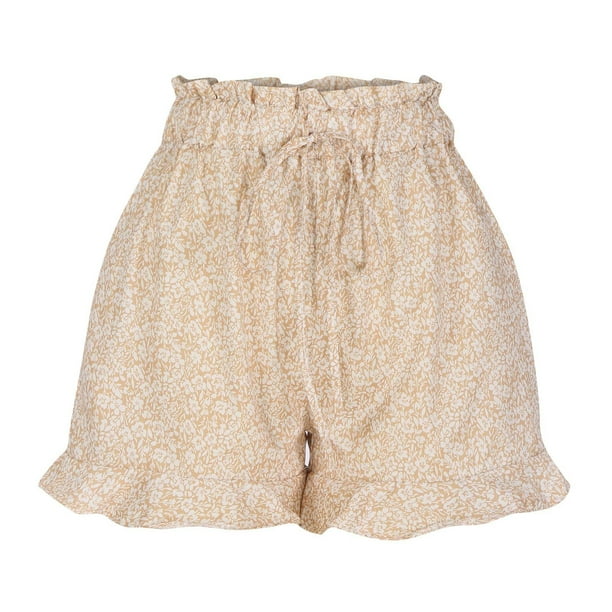 Women s Casual Shorts Elastic High Waist Ruffle Hem Floral Print Comfy Summer Beach Short Lounge Pants with Pockets Walmart