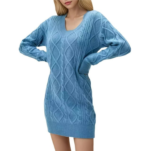 Vestido Tipo Suéter con Cuello en V para Mujer, Estilo Suéter Tipo Túnica Holgado Informal de Larga con Punto y Larga para Otoño. Azul Pavo Real L