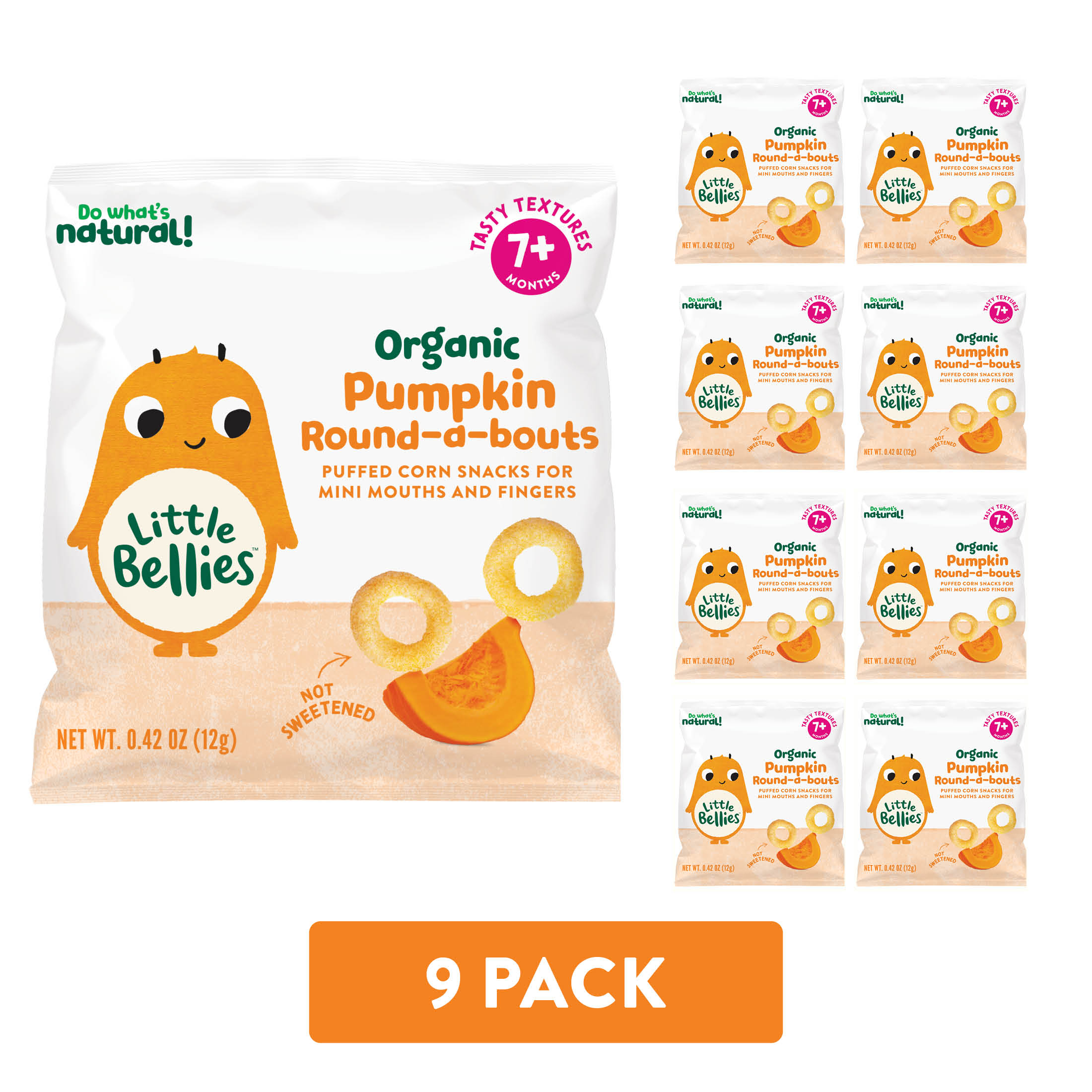 Little Bellies Organic Pumpkin Round-a-bouts, Baby & Toddler Puff Snack, 7+ Months, 0.42 oz, 9 Ct.