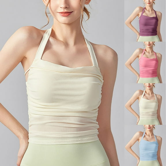 FRSASU Womens Halter Tank Top with Built in Bra Fitted Tank Tops Sleeveless Round-Neck Tanks Tops White XL(XL)