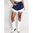thumbnail image 4 of Women's Denim Lace Patchwork Trim Hem High Waist Washed A-Line Shorts for Daily Wear L, 4 of 8