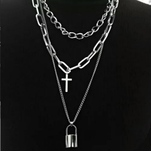 K-KED 925 Silver Cross Lock Pendant 3 Layer Chain Necklace Women's Men's Jewelry-Silver