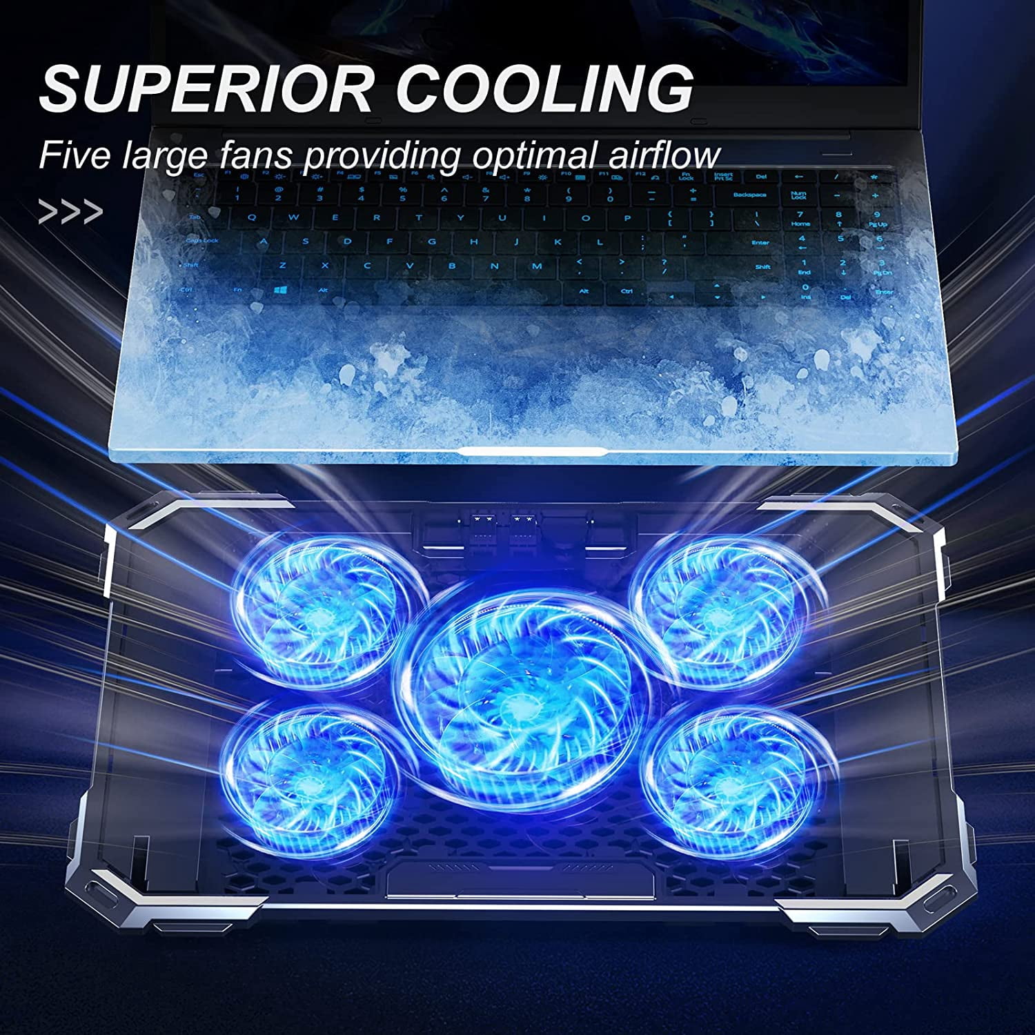 Upgrade Laptop Cooling Pad,Gaming Cooler with 5 Quiet Fans,2 USB Ports,5 Adjustable Stand Height,Blue LED Lights,for 15.6 Inch Laptops
