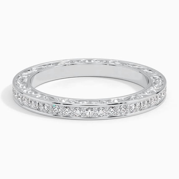 Full Eternity Engraved Diamond Wedding Ring, Art Deco Pave Set Engagement Ring, 2.2 Ct Simulated Round Cut Diamond, 14K White Gold Plated