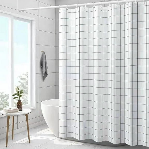 Standard 72x72 Inch Shower Curtain, Black and White Geometric Grid Bathroom Curtain with Hooks, Weighted Hem, Water Repellent
