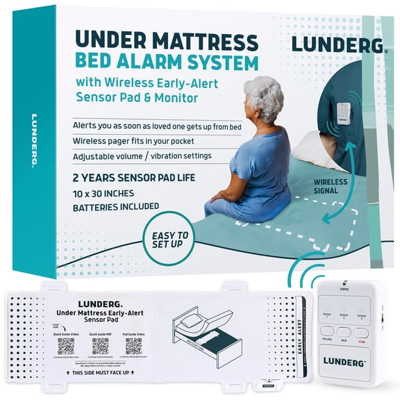 Lunderg Under Mattress Bed Alarm for Elderly - Invisible & Wireless Sensor Pad with Early Alert & Pager - Our Most Advanced Fall Prevention System for Dementia, Ideal for Loved Ones who Refuse Help