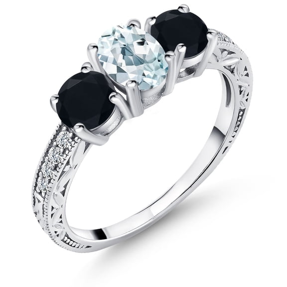 Gem Stone King 925 Sterling Silver Sky Blue Aquamarine and Black Onyx 3-Stone Women Ring (1.82 Cttw, Gemstone Birthstone, Size 5)